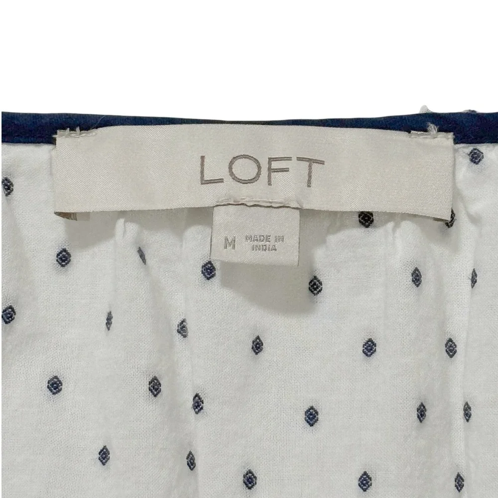 LOFT - Size Medium‎ - White Navy Blue Clip Dot Ruffle V-Neck Blouse Top